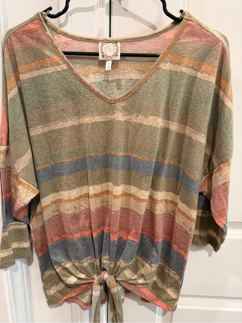 Boho Tie-Front V-Neck Tunic Top - Multi Stripe